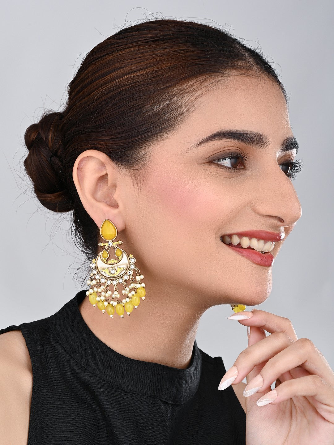 Gold-Plated Meenakari Chandbali Earrings with Kundan & Pearl Drops - Yellow