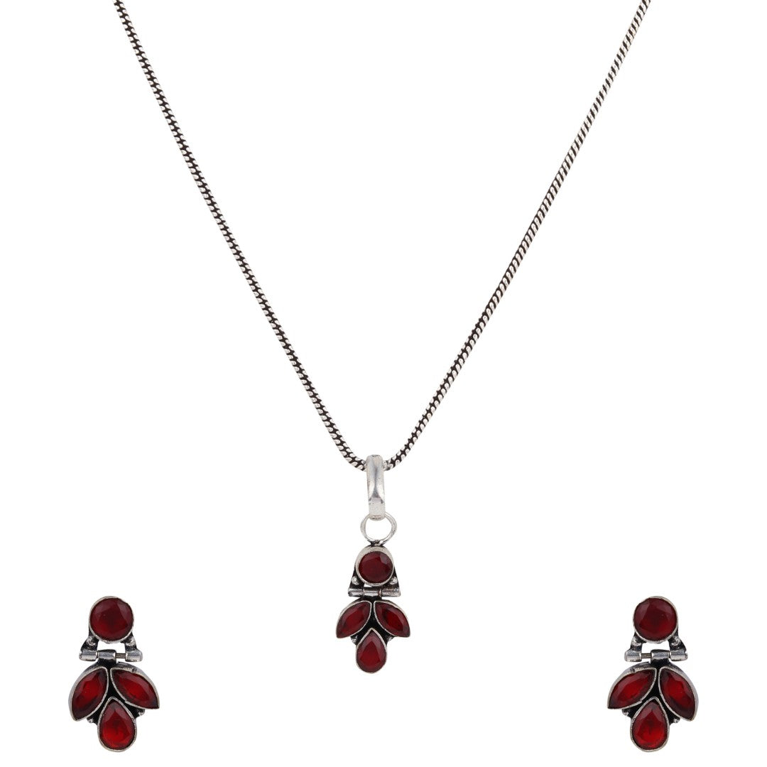 Elegant Crystal Pendant Necklace Set with Matching Drop Earrings - Red