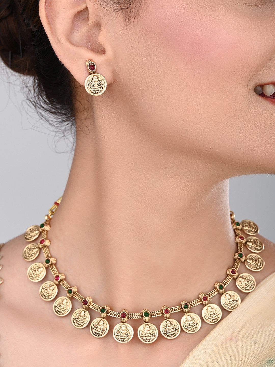 Gold Plated Laxmi coin Necklace Set - Multi