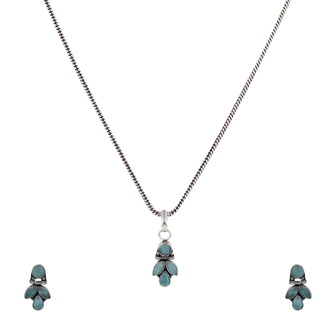 Elegant Crystal Pendant Necklace Set with Matching Drop Earrings - Sage Green