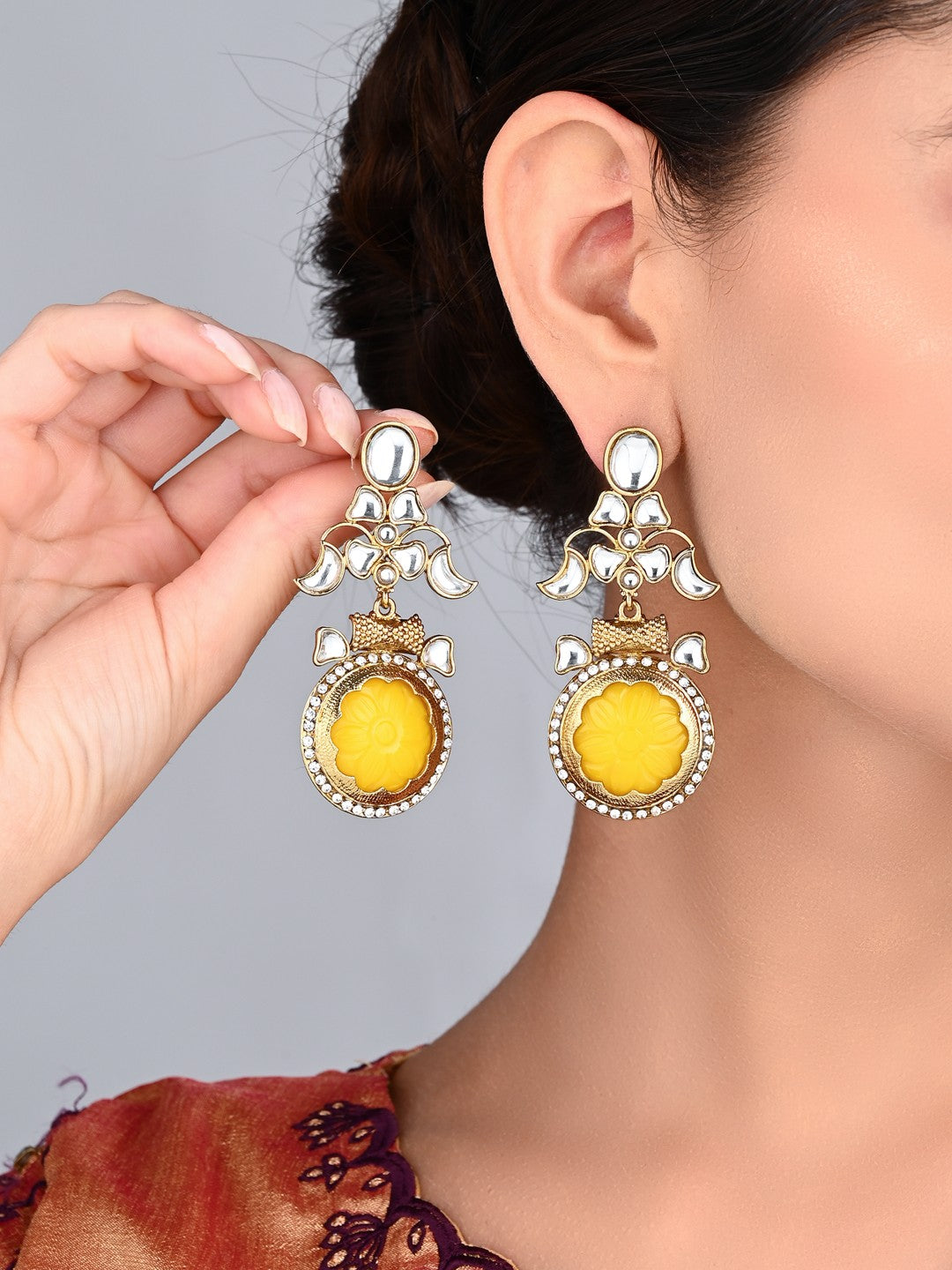 Aarna Yellow Floral Kundan Drop Earrings