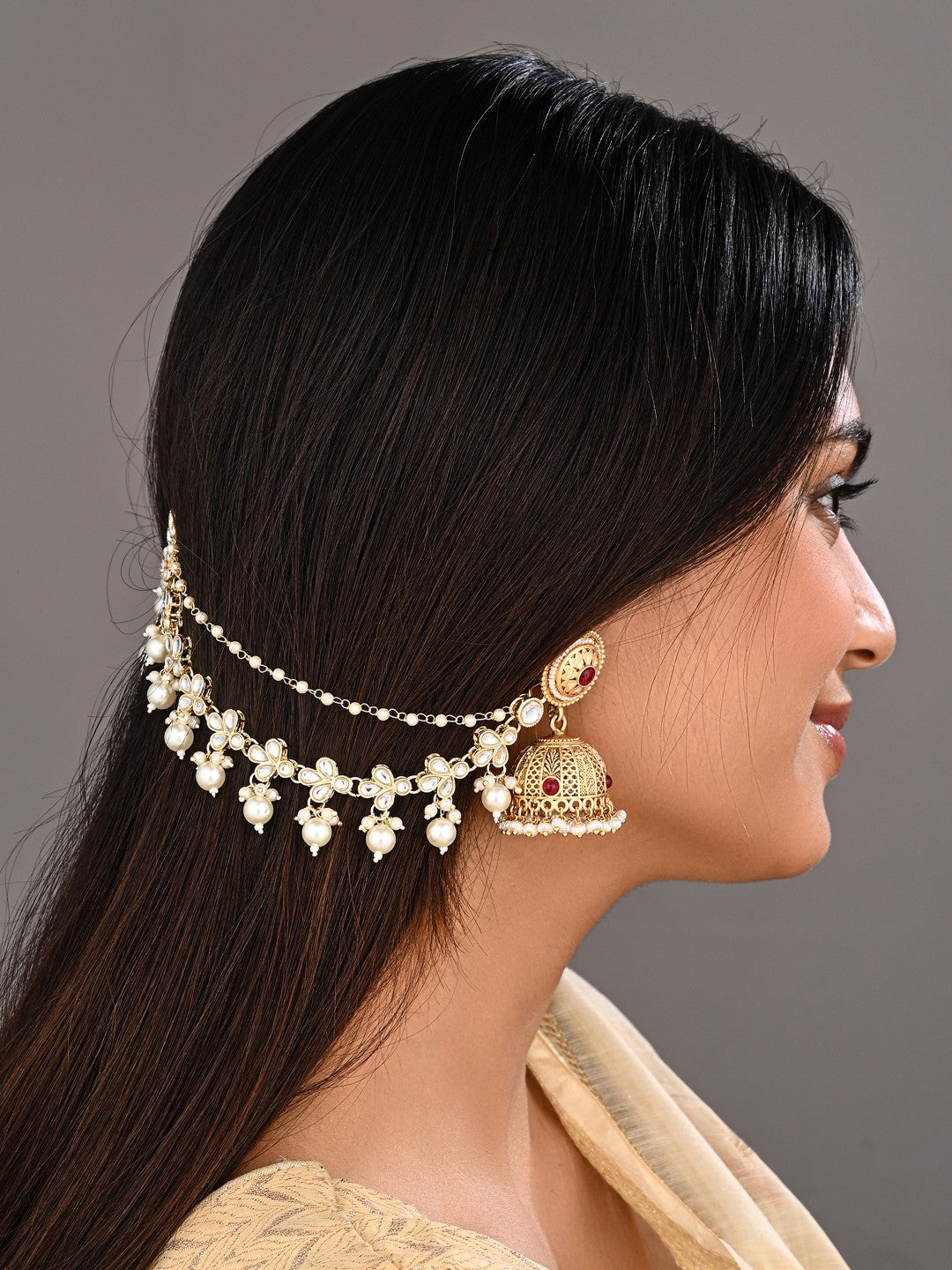 Elegant Gold-Plated Kundan Pearl Delicate Ear Chains