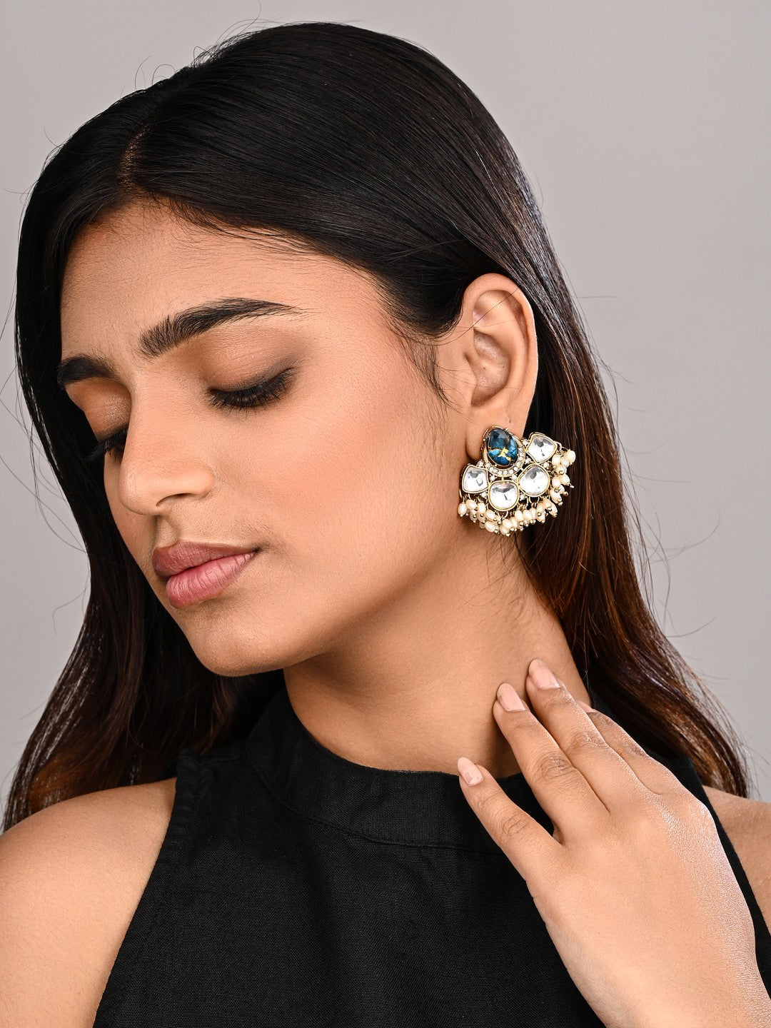 Gold-Plated Blue Kundan Half Chandbali Earrings