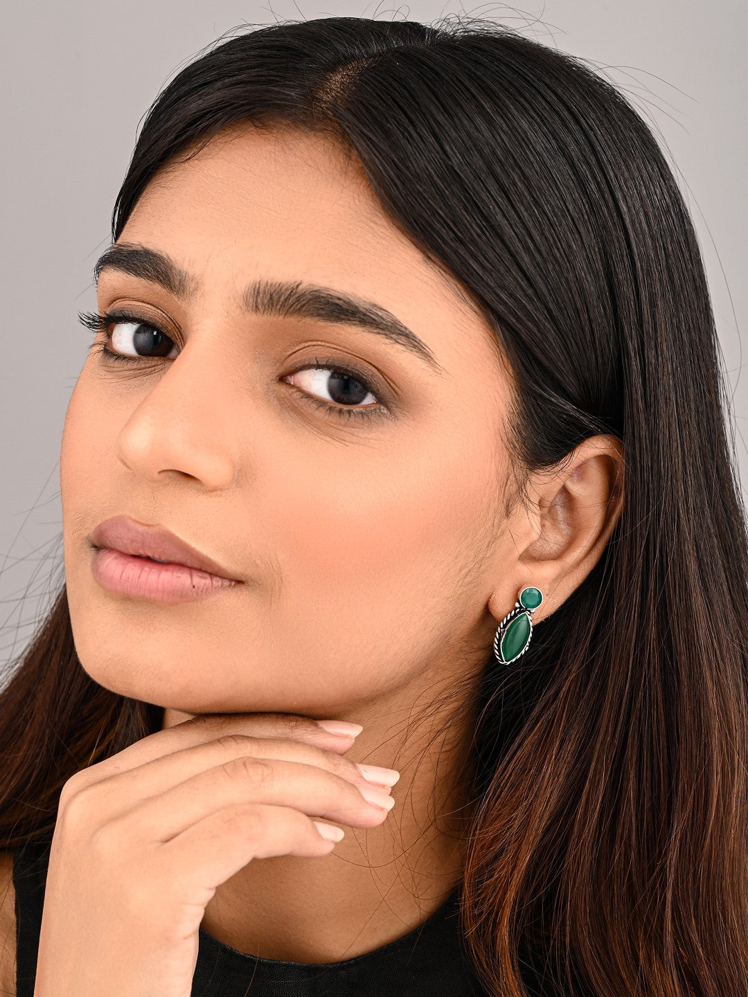 Silver-Tone Green Stone Statement Earring