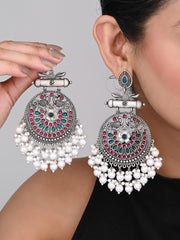 Oxidised Silver Meenakari Peacock Earrings Multi