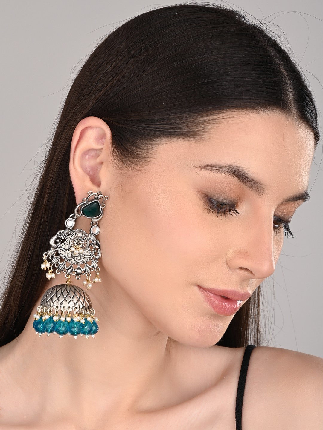 Silver oxydised lightweight long Jhumka Earring