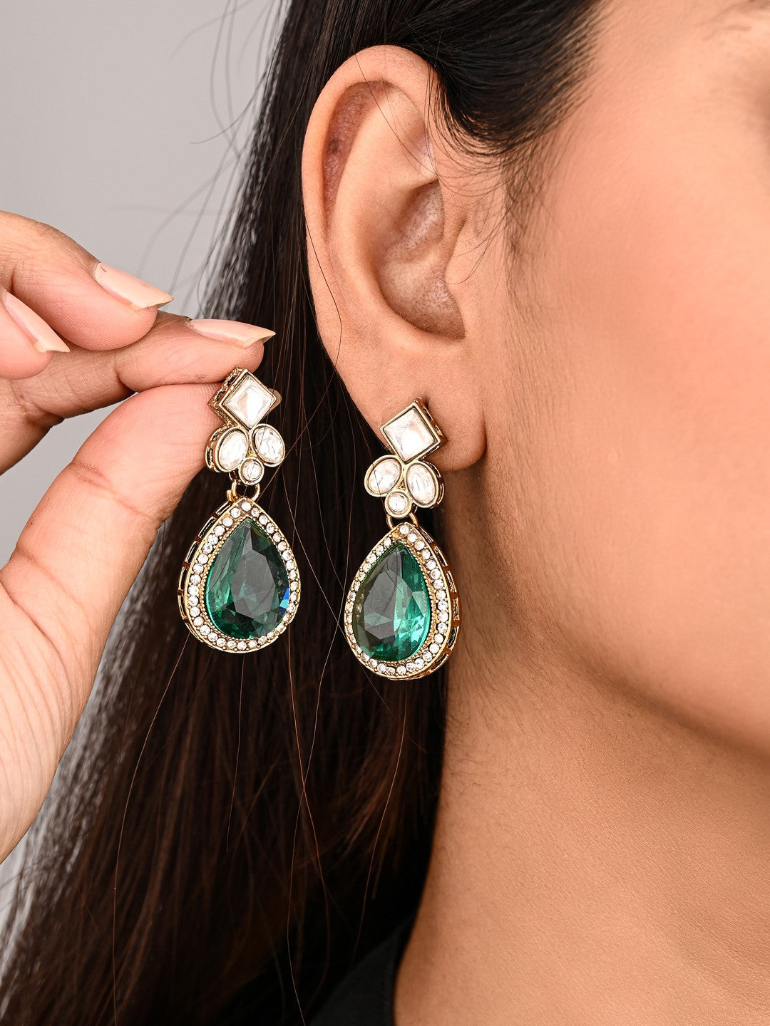 Gold-Toned Teardrop Kundan Crystal Drop Earrings for Women Blue
