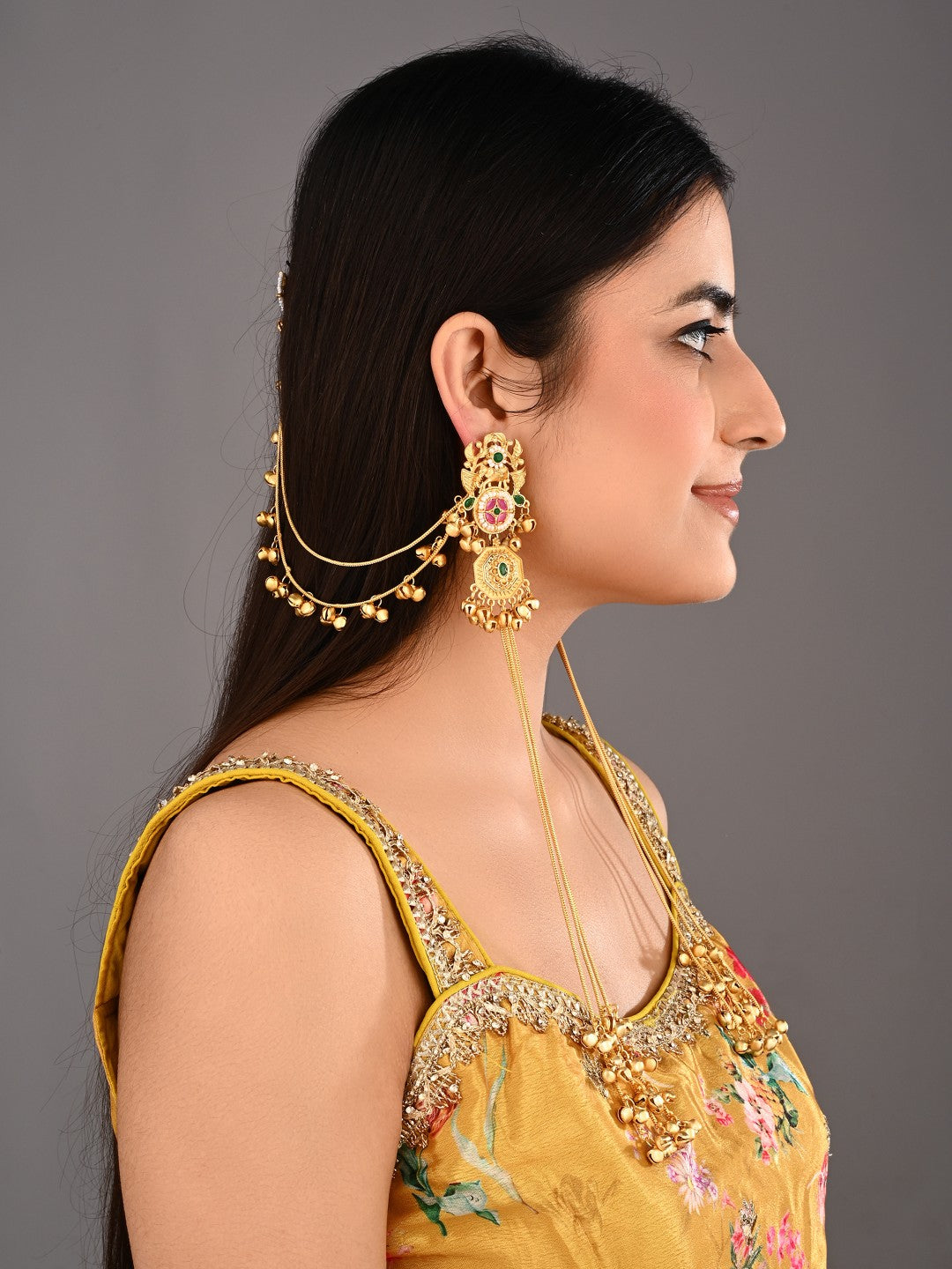 Gold-Tone Kundan &Green & Red Stone Kashmiri Long Chain Earrings