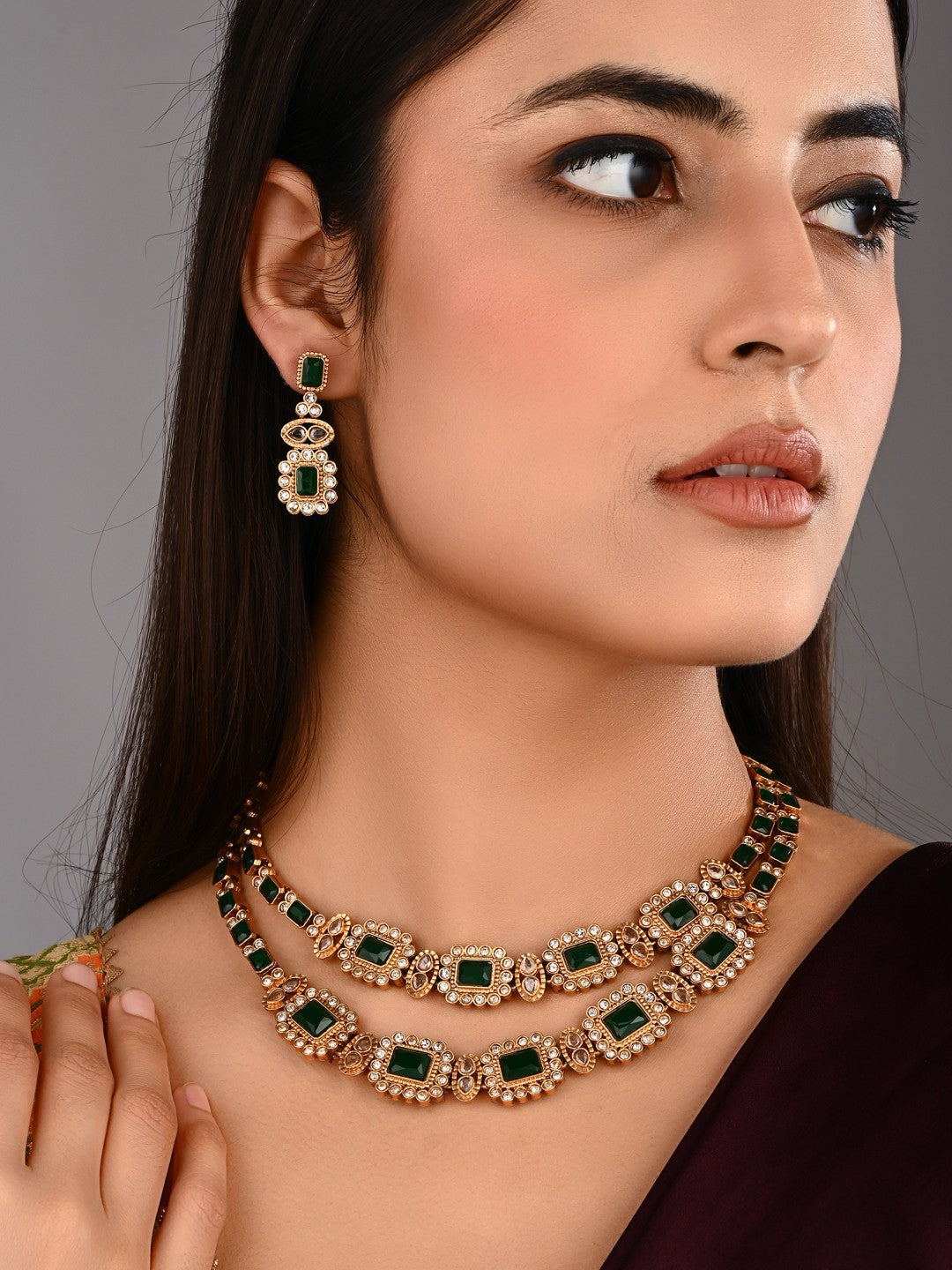 Emerald Double Layer Necklace Earrings Set
