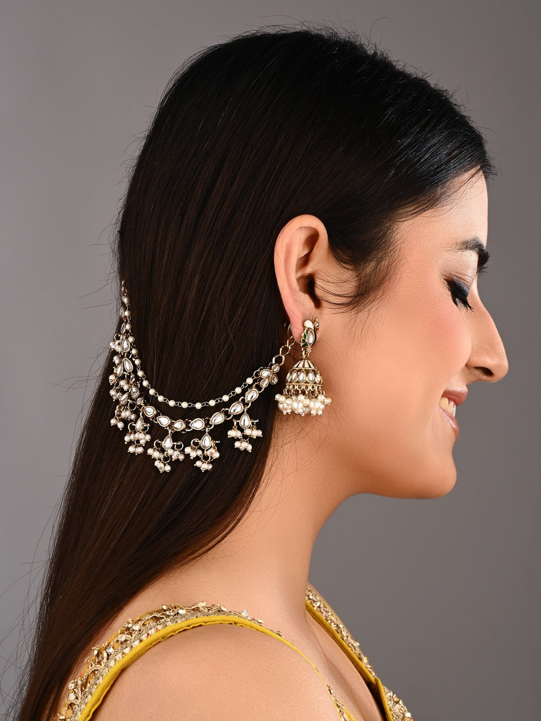 Kundan & Beads double layered ear chains