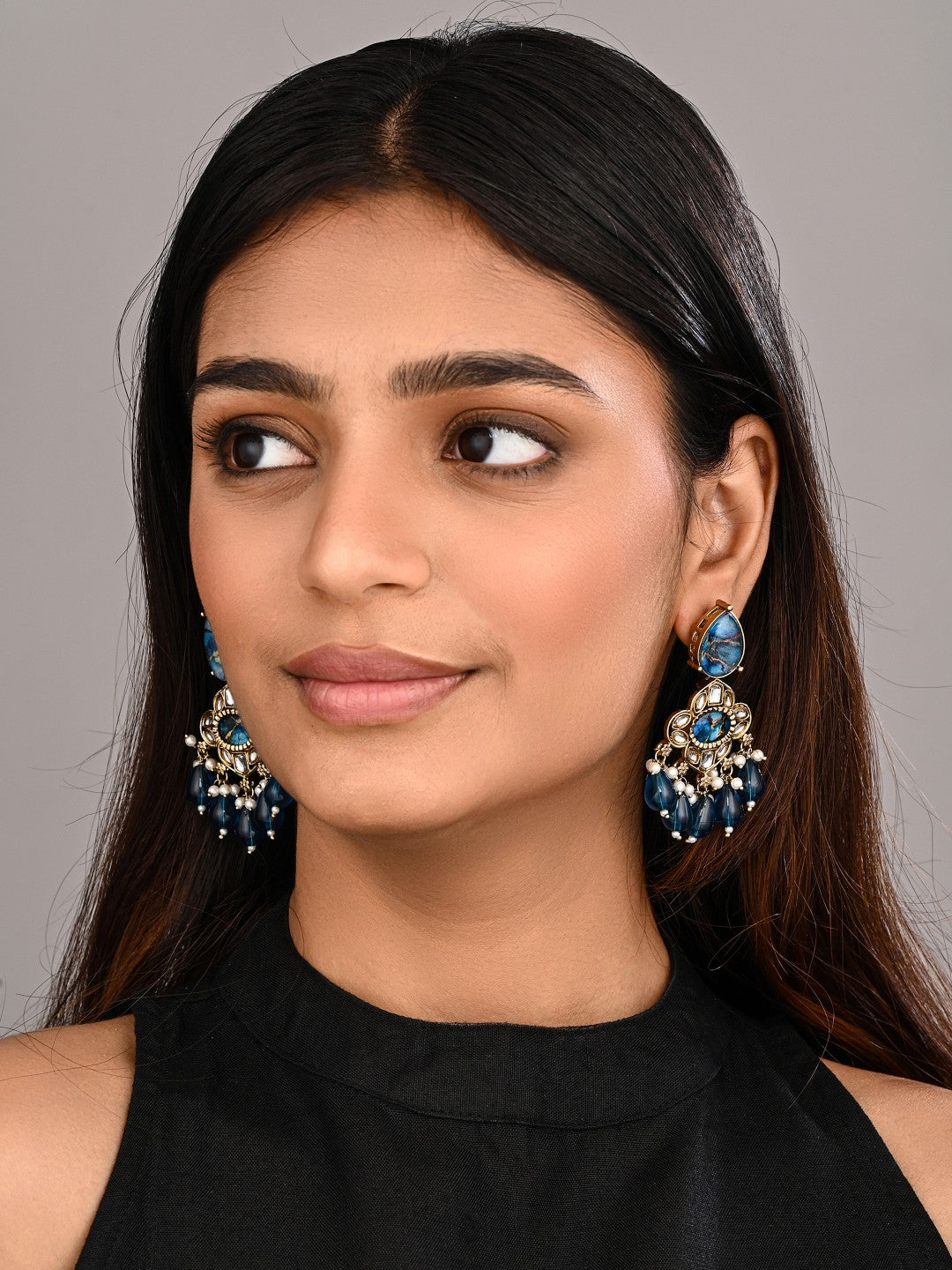 Gold-Plated Blue Kundan Chandelier Earrings with Bead Drops