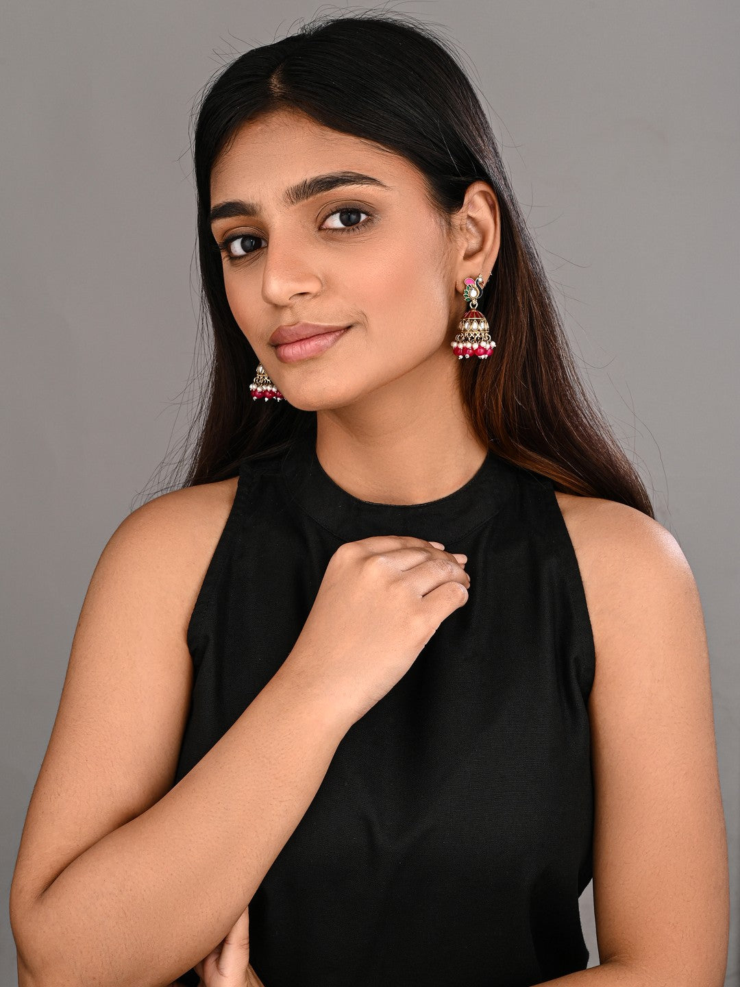 Peacock-inspired jhumka earrings- Pink