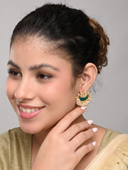 Gold-Plated Brass Half Moon Studs with Meenakari Green