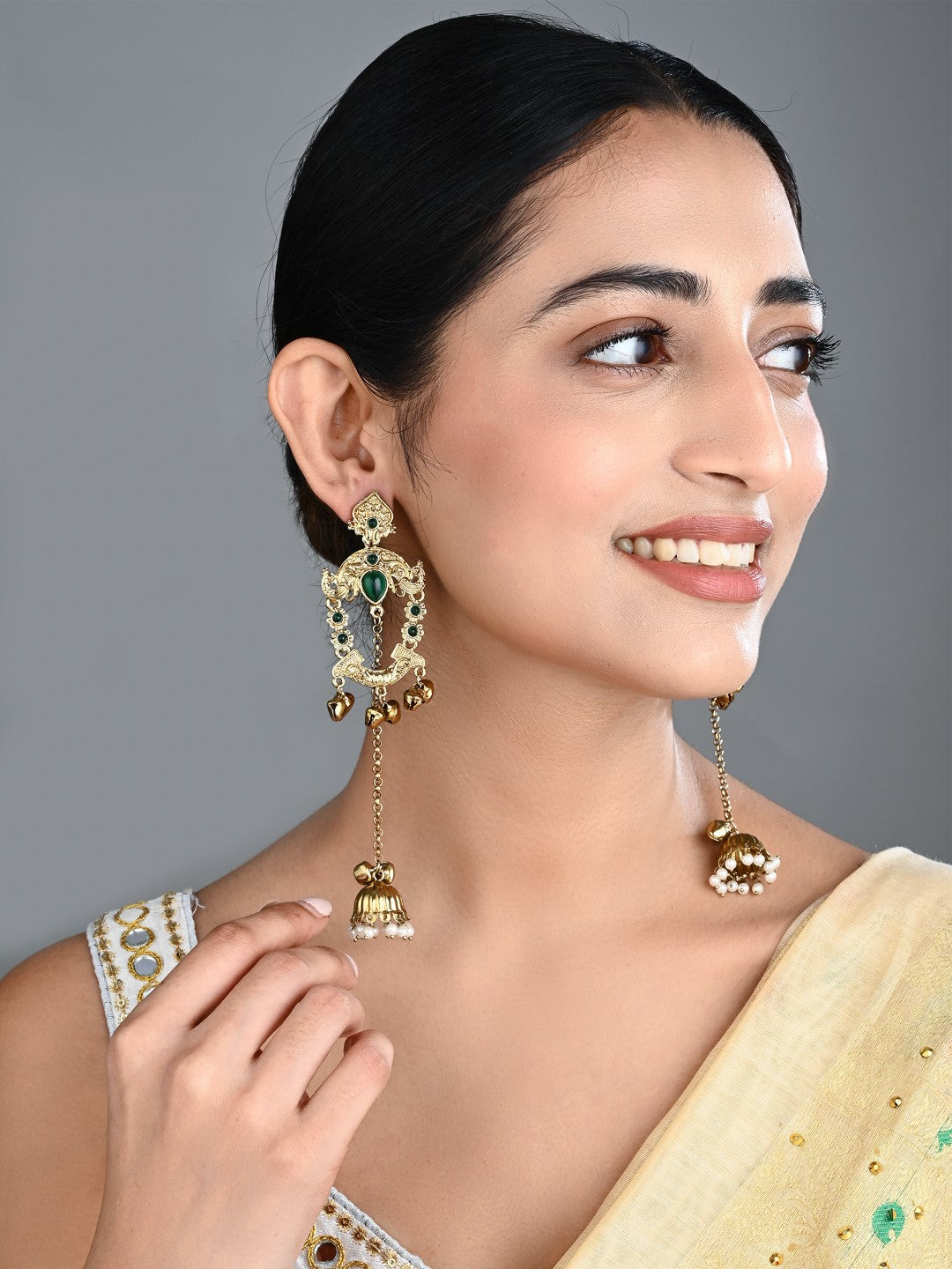 Green Kundan Chandbali Jhumka Drop Earrings