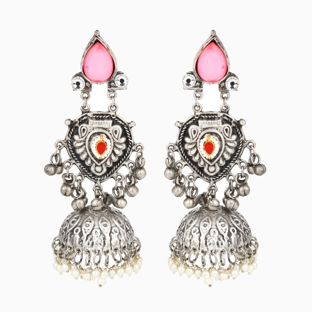Silver oxydised lightweight long Jhumka Earring - Pink