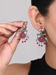 Silver plated bird drop earring - red