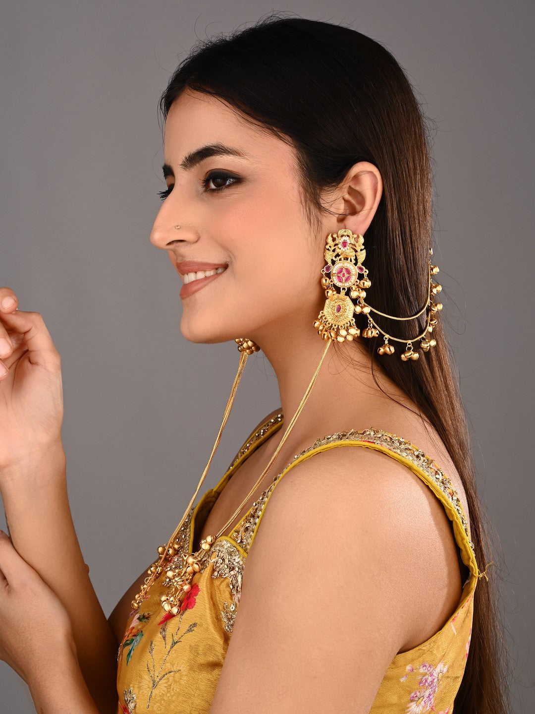 Gold-Tone Kundan Red Stone Kashmiri Long Chain Earrings