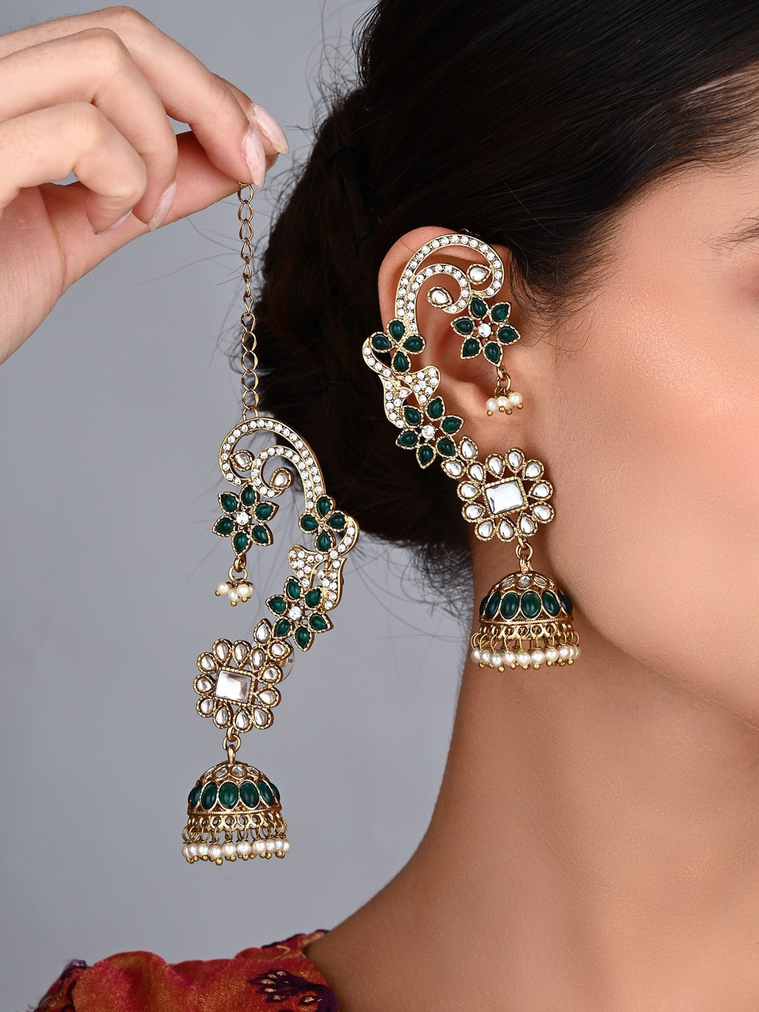 Riddhi Green Kundan Jhumka Earrings with Pearl Drops