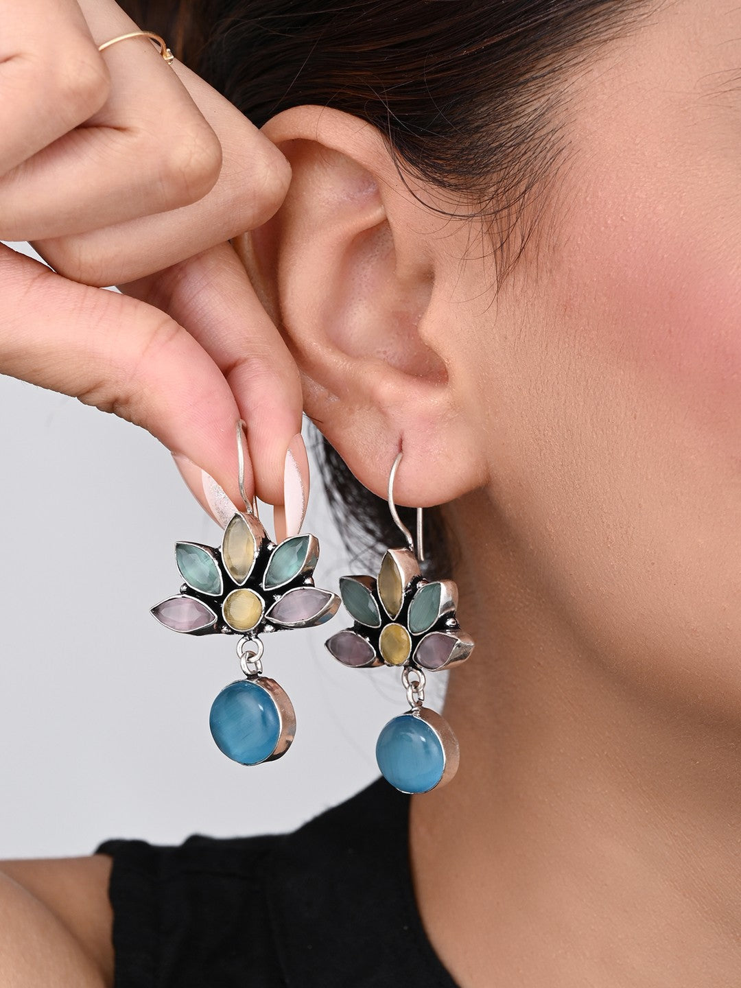Silver Oxidized Lotus Drop Earrings Multi
