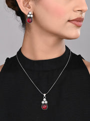 Silver Oxidised finish Pearl & Stone  pendant Set Maroon