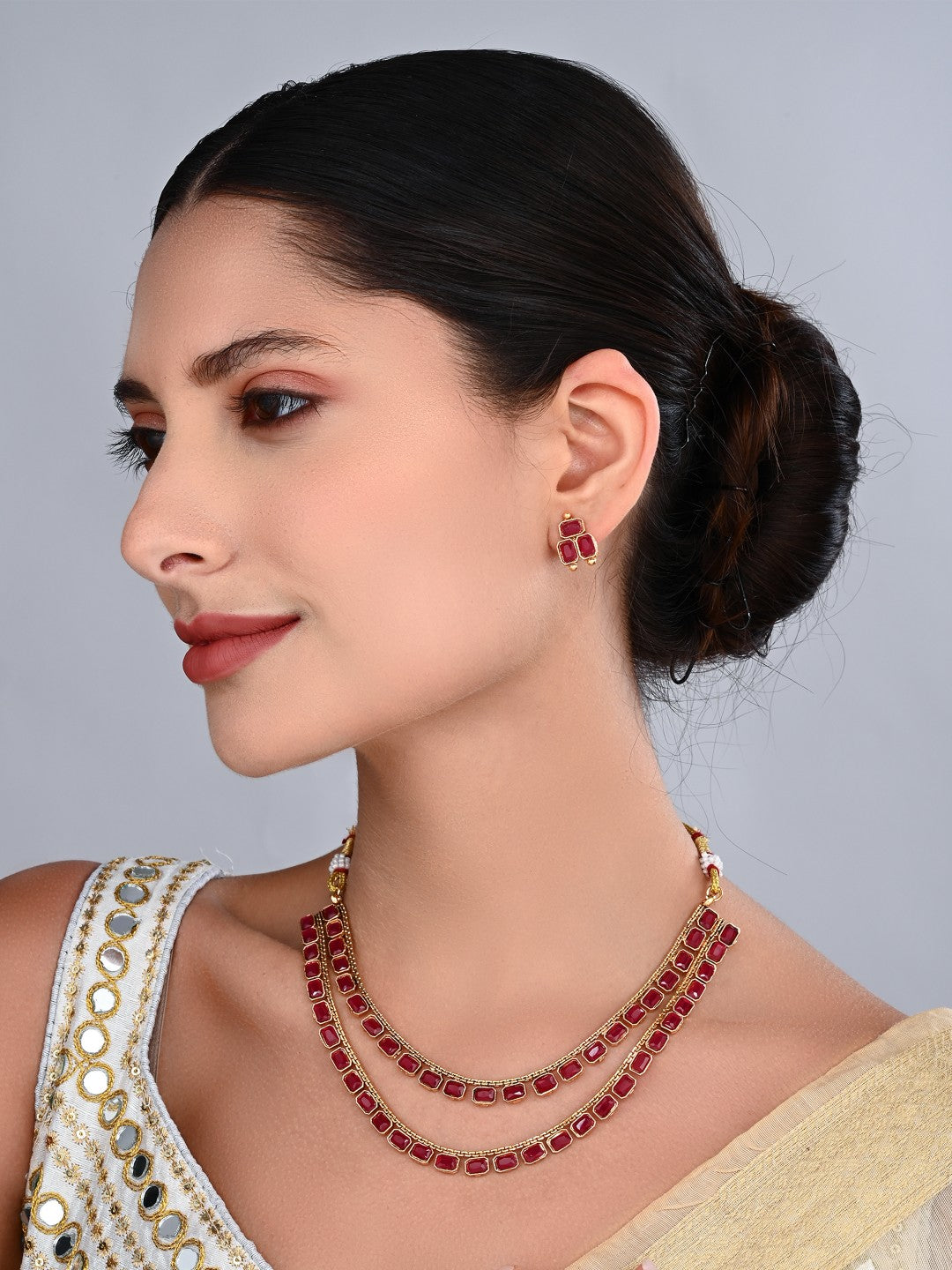 Ruby Royale Double-Layer Gold-Tone Necklace & Earrings Set
