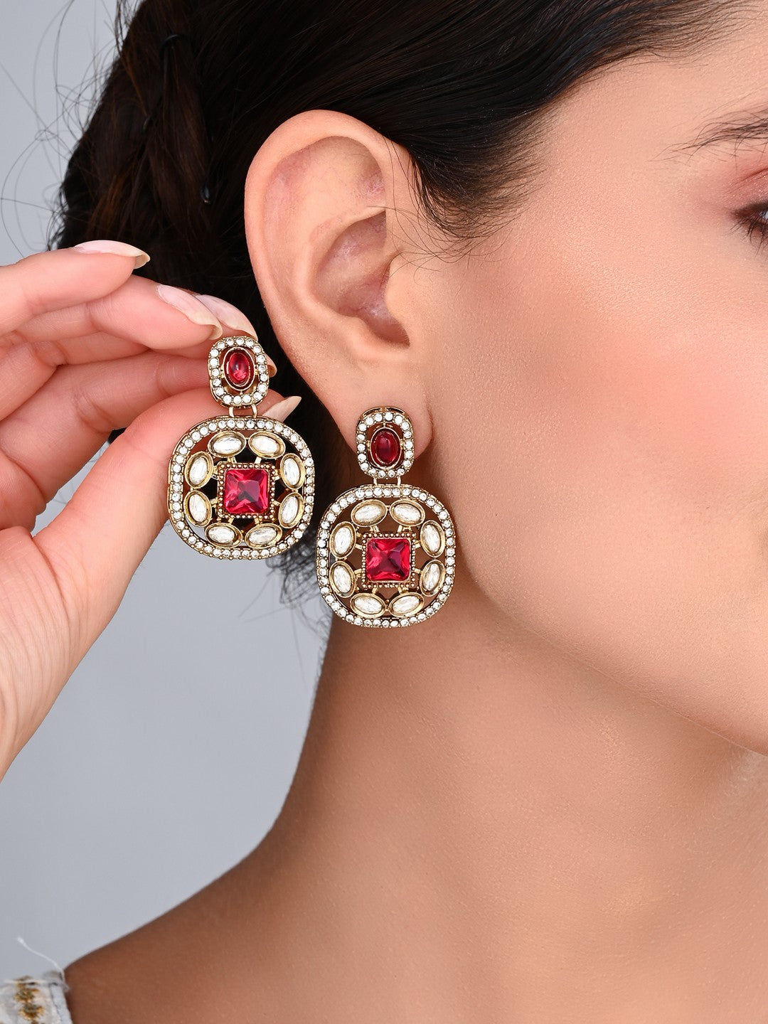 Kundan & Stone Embellished Statement Earrings Red