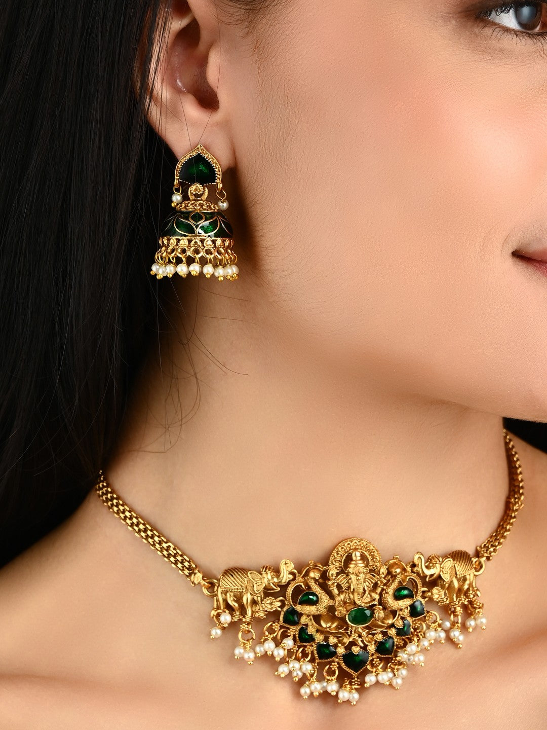 Traditional Temple Lord ganesha Necklace Set with Earrings Green