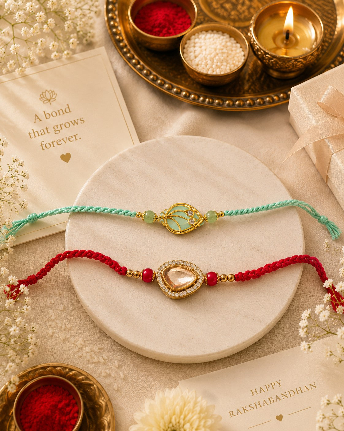 Pastel Elegance & Crystal Teardrop Rakhi Set