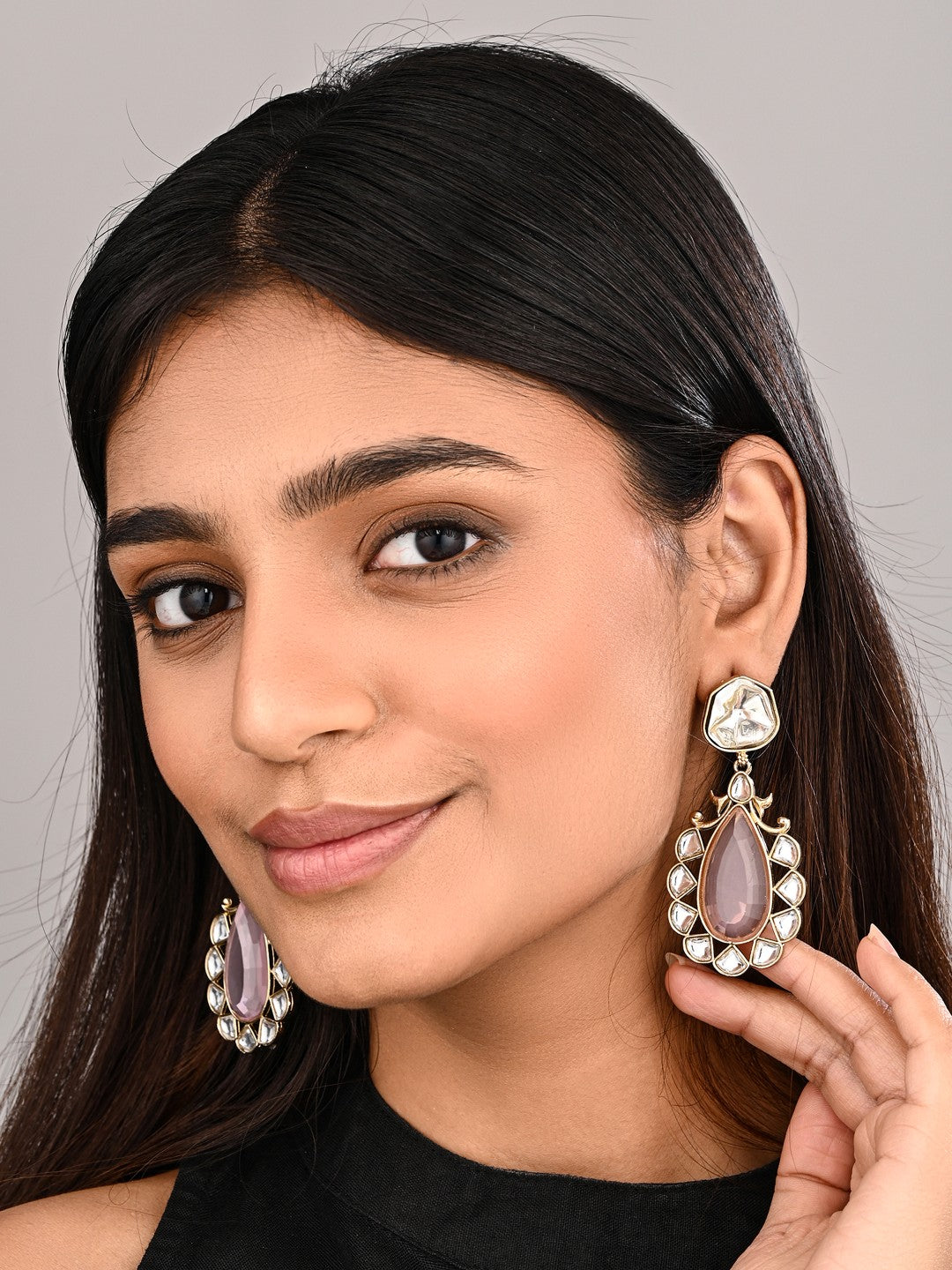 Gold-Plated Pink Kundan Teardrop Earrings for Women