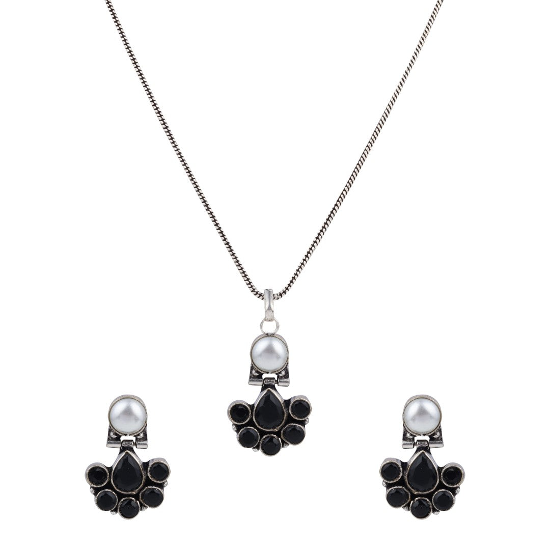 Floral Crystal Pendant Necklace Set with Matching Stud Earrings - Black