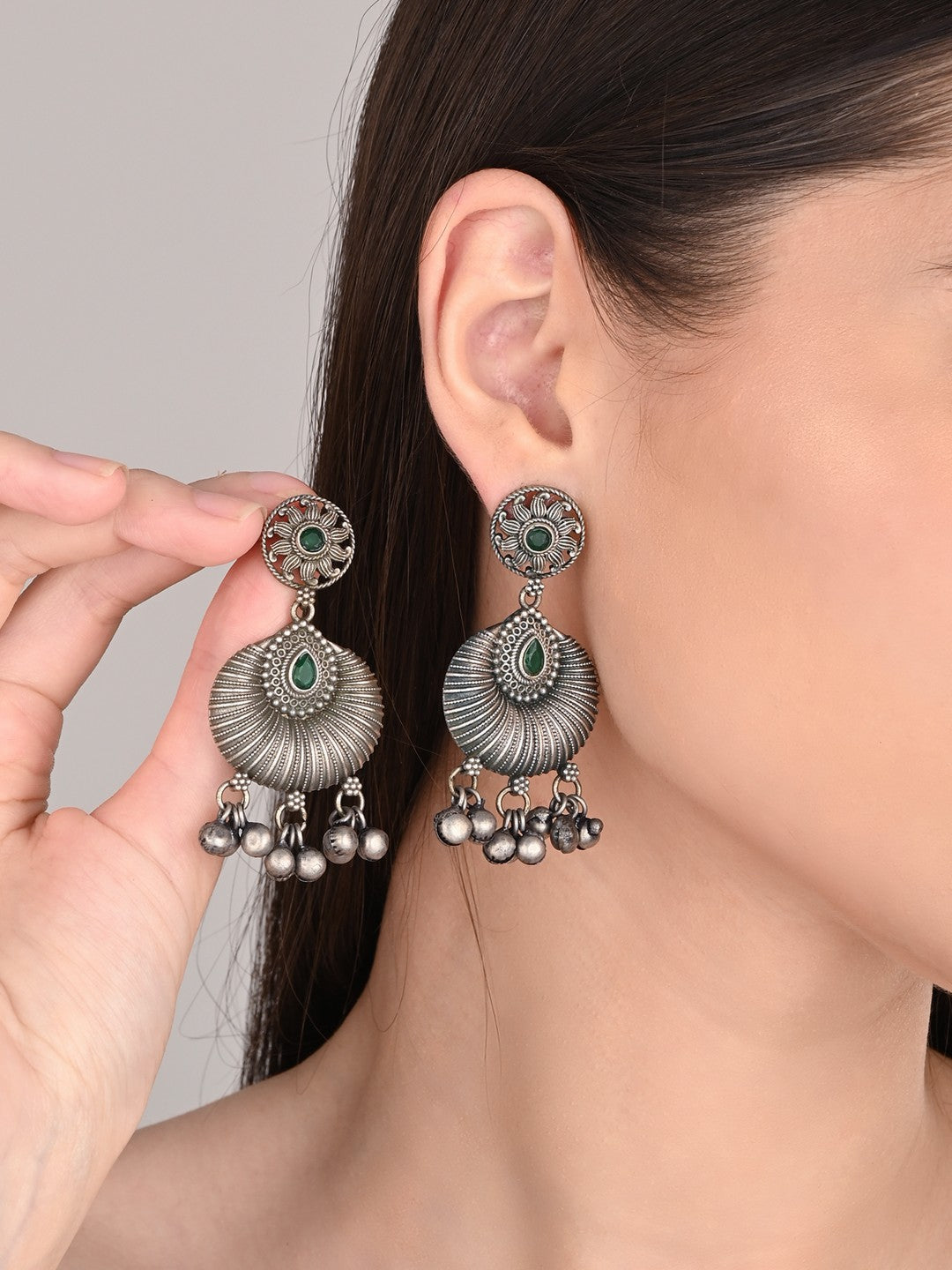 Silver oxidised finish chandbali Green