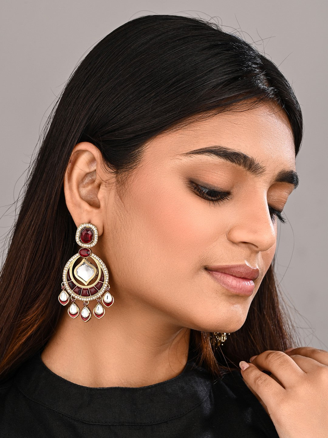 Kundan Chandbali Earrings with Teardrop Danglers- Red