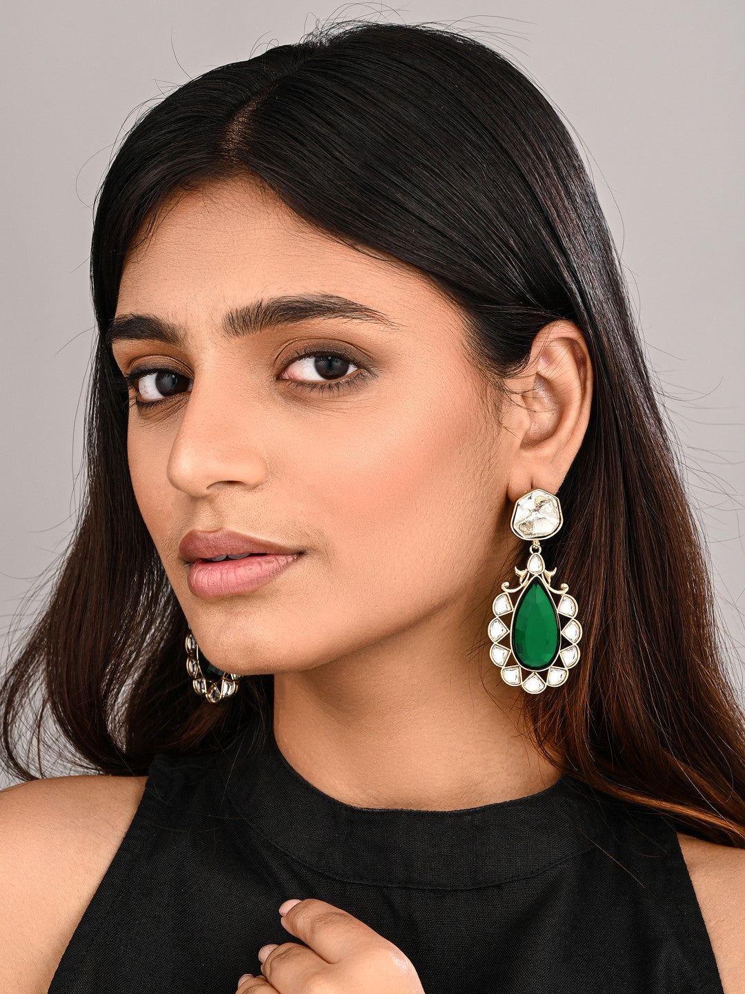 Gold-Plated Emerald Green Kundan Teardrop Earrings for Women