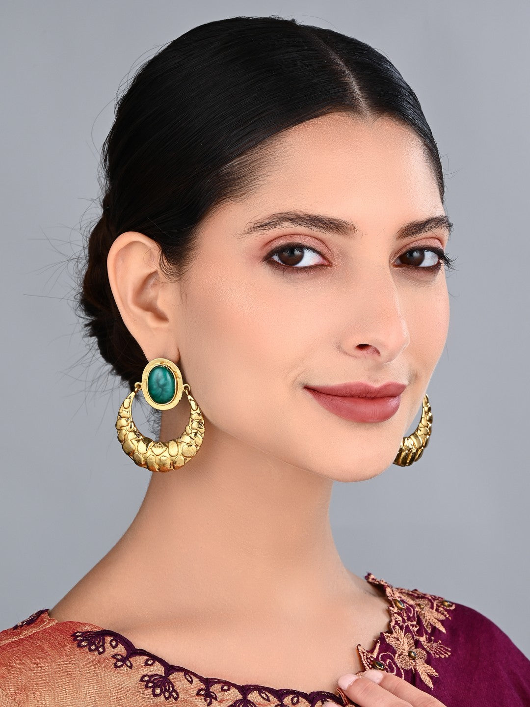 Kiara Teal Stone Textured Gold Hoop Earrings