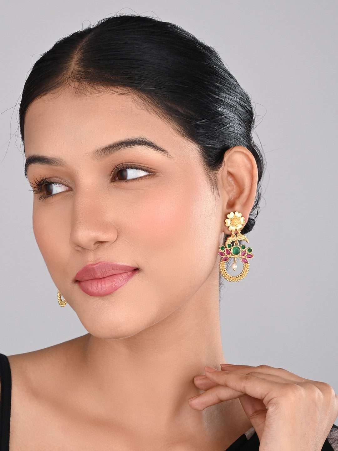 Gold-Plated Drop Earrings with Green & Red AD Stones