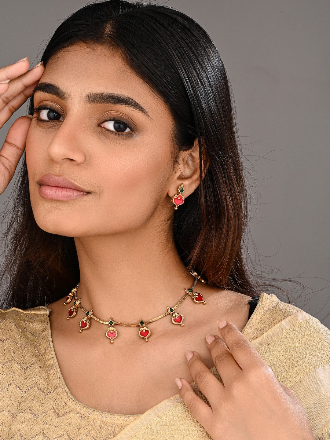 Red Meenakari Floral Alloy Necklace Set