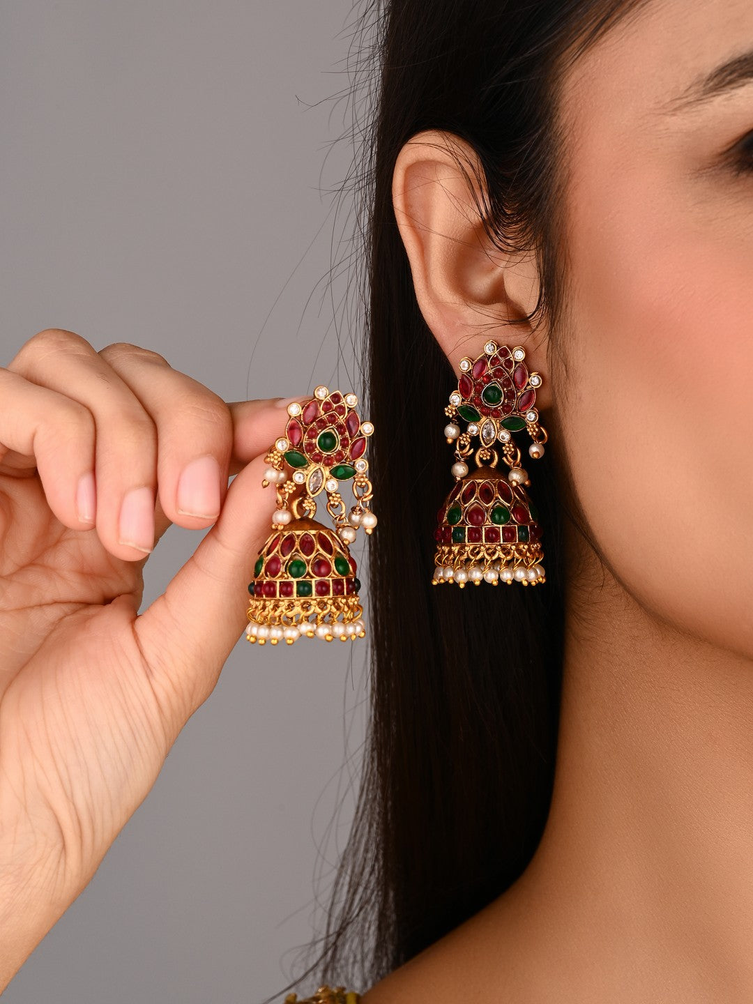 Gold Plated Red & green stone Jhumka Earring