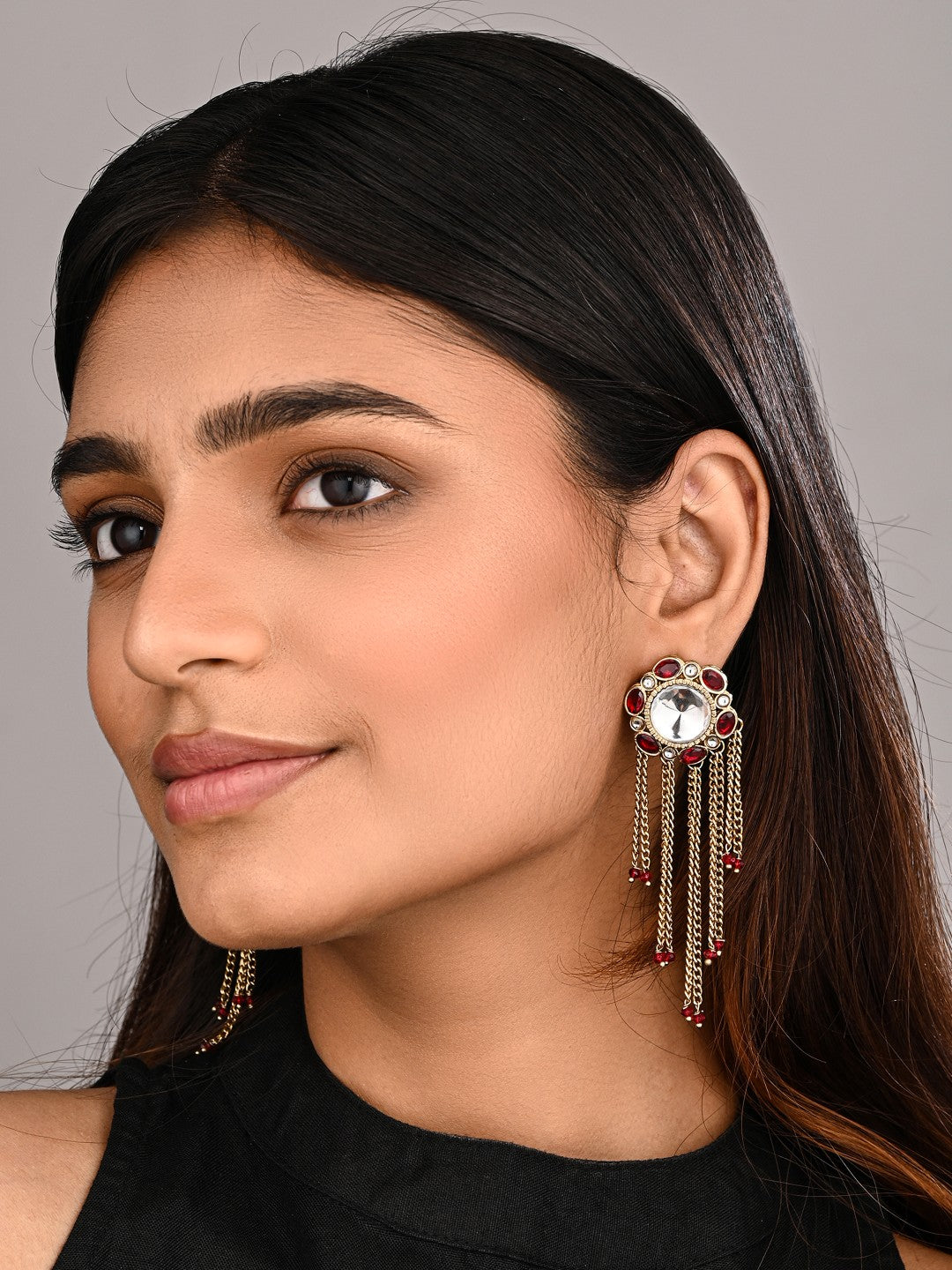 Kundan Tassel Drop Earrings - Red