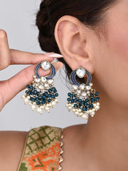 Gold-Plated Meenakari Stud Earrings with Kundan & Pearl Cluster drops - Blue