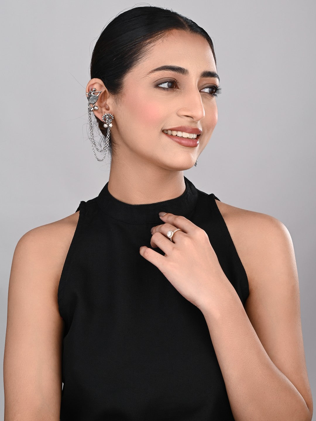 Oxidised Silver Dancing girl Ear Cuff with Chains