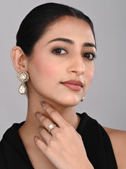 Gold plated Flower Stud with tear drop earring - White