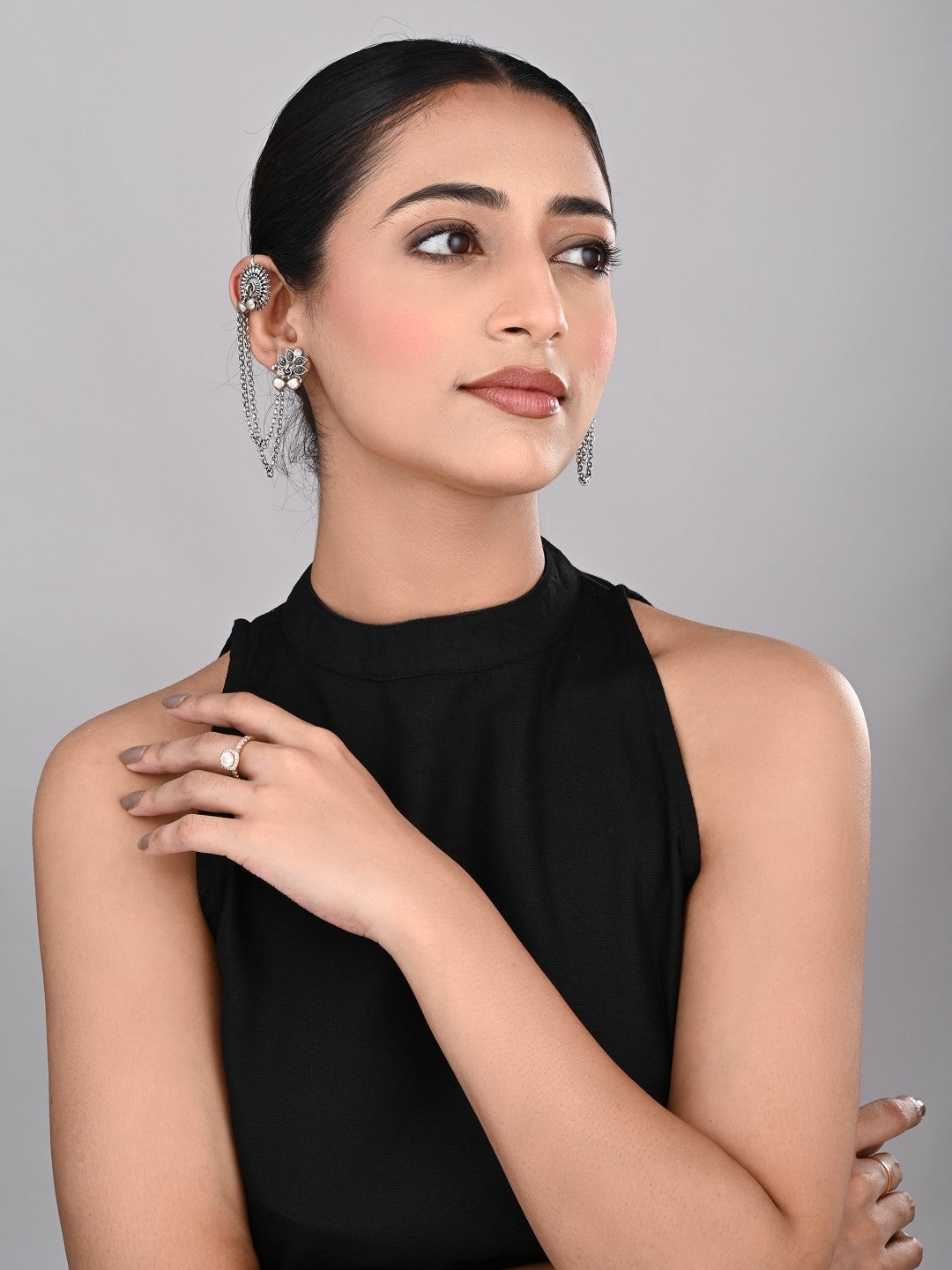 Oxidised Silver Ear cuff with Chains