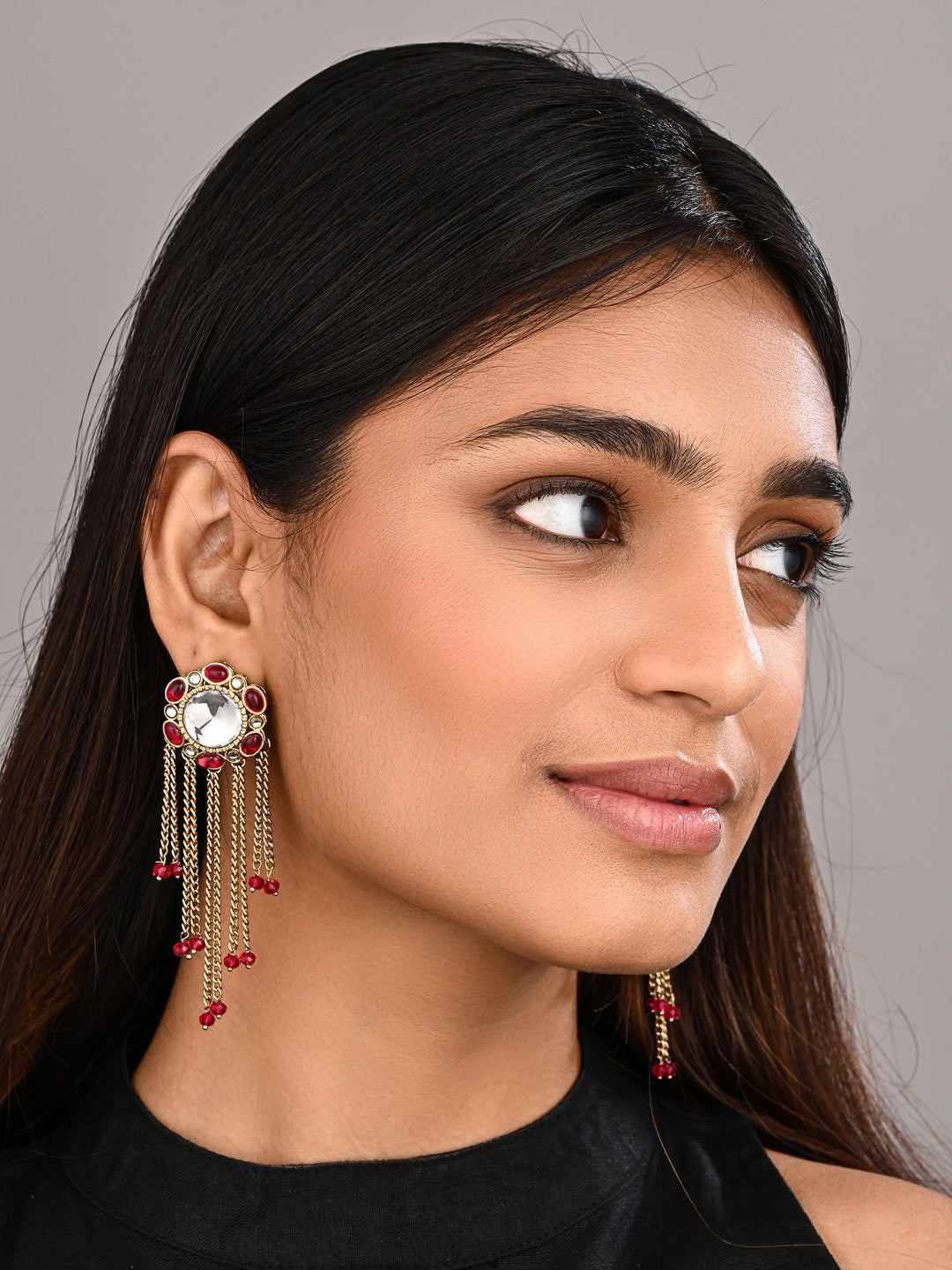 Kundan Tassel Drop Earrings - Pink