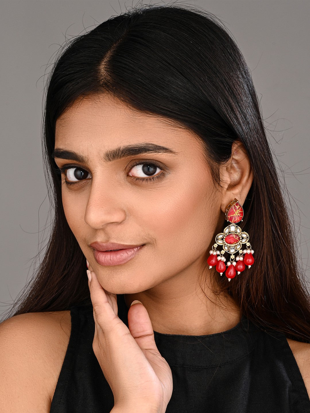 Gold-Plated Red Kundan Chandelier Earrings with Bead Drops
