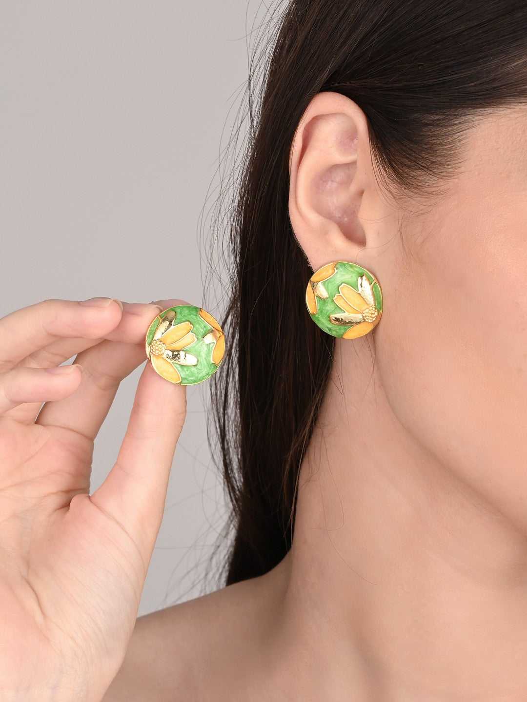 Enamelled Green coloured Stud Earring
