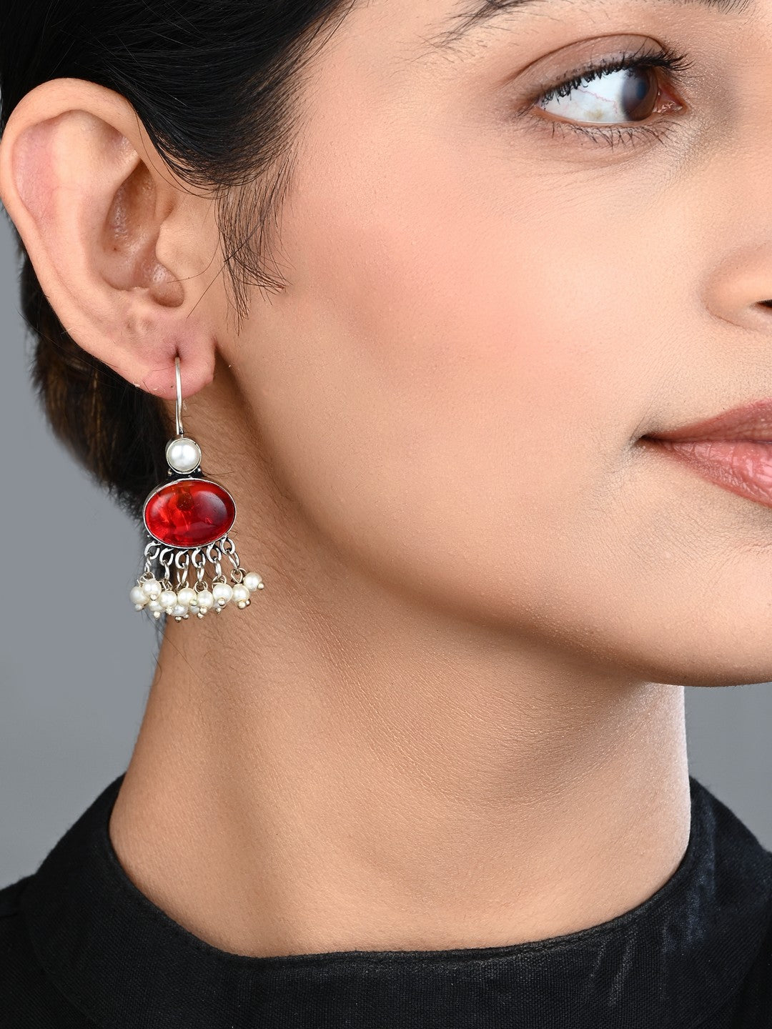 Red Blue Stone Pearl Fringe Drop Earrings