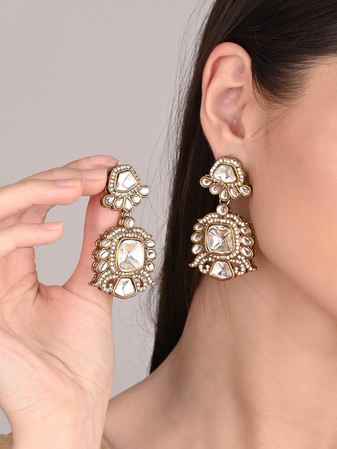 Gold plated kundan Drop Earrings Gold