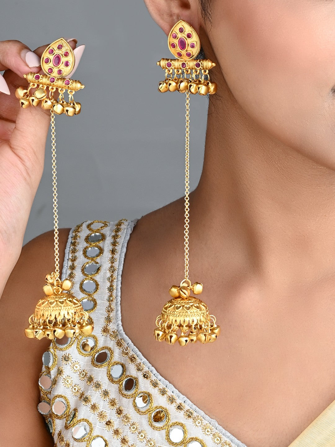 Ruby Temple Jhumka Earrings with Long Chain Tassels
