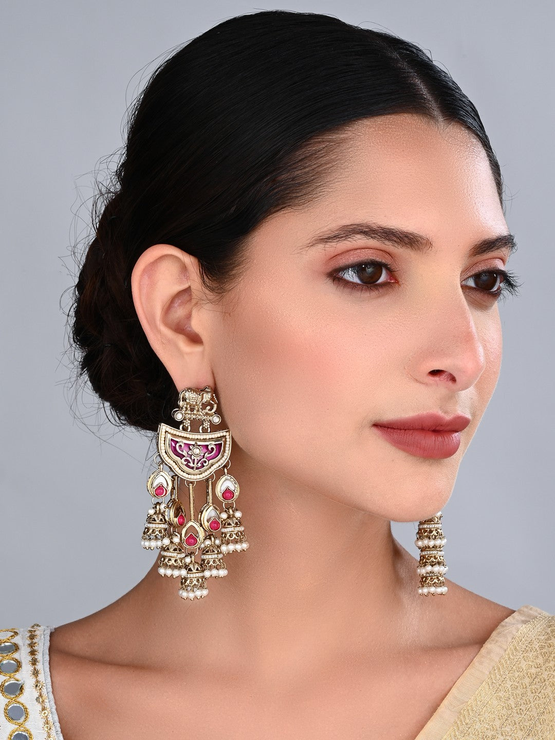 Gold-Toned MOP Chandelier Earrings with Jhumka Drops Pink
