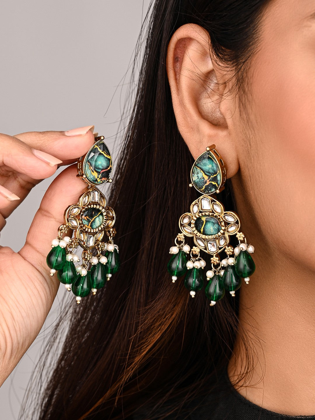 Gold-Plated Emerald Green Kundan Chandelier Earrings with Bead Drops